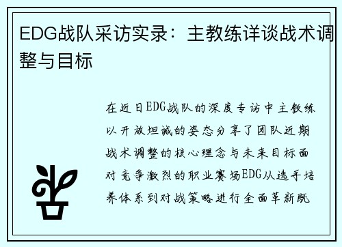 EDG战队采访实录：主教练详谈战术调整与目标