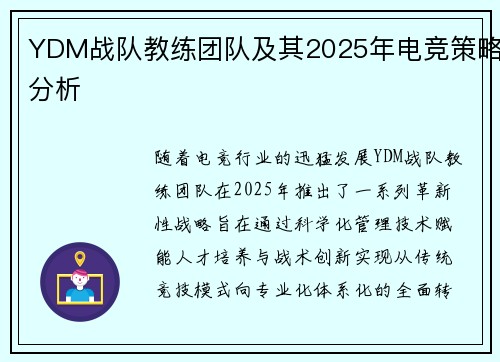 YDM战队教练团队及其2025年电竞策略分析