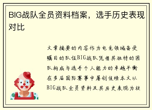 BIG战队全员资料档案，选手历史表现对比