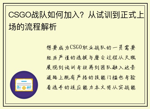 CSGO战队如何加入？从试训到正式上场的流程解析